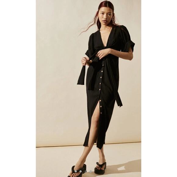 Free People Vintage Summer Tie Front Ruched Button Front Midi Dress Black L NWT - Picture 1 of 9